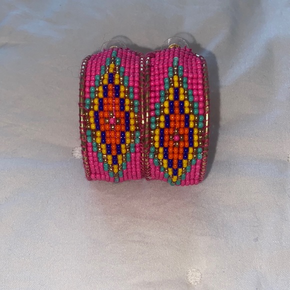 Pink Aztec Beaded Hoop Earrings - Picture 3 of 4